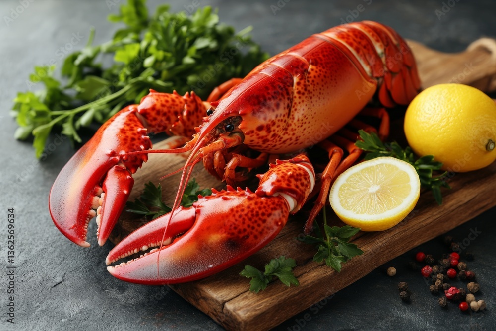 Fresh lobster on a wooden board with herbs and lemon ready for preparation Fresh lobster on a wooden board with herbs and lemon ready for preparation