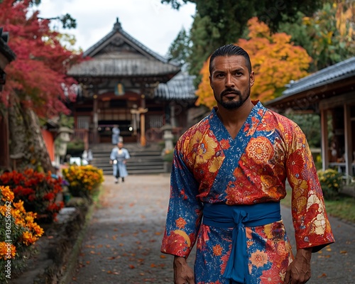 A strong man wearing a colorful robe stands confidently outdoors