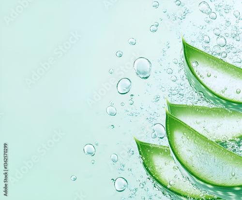 Slices of aloe vera in the cosmetics gel with bubbles inside.Cosmetics background,mint color,large banner with negative space.