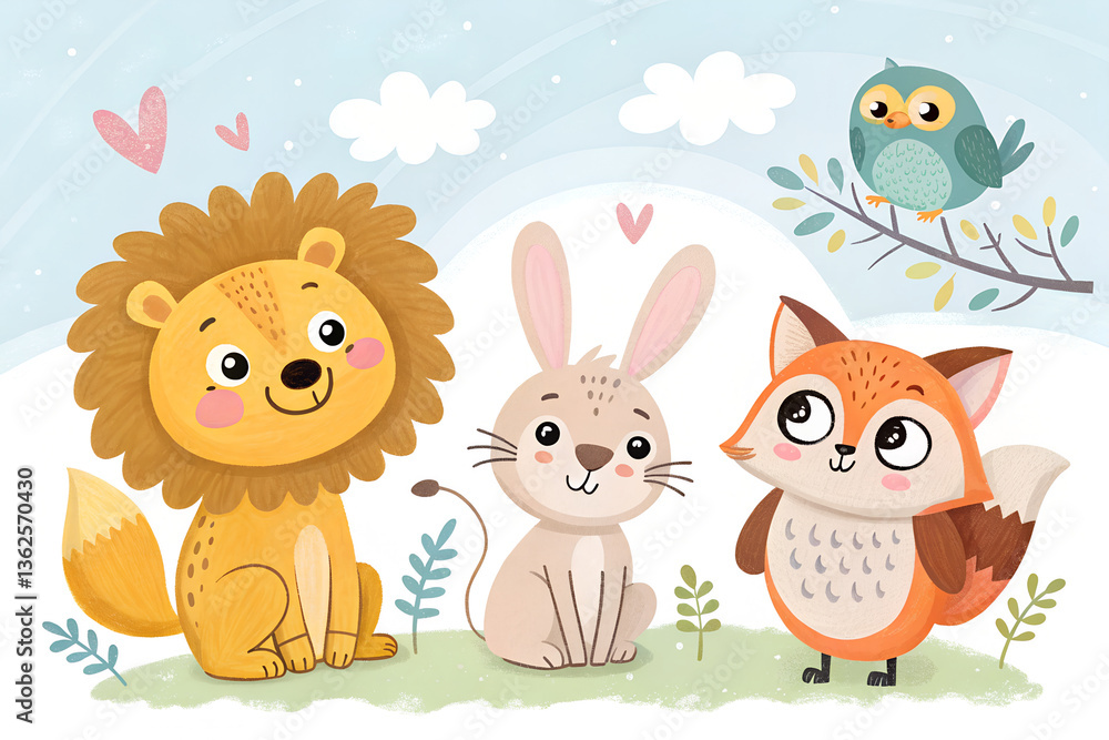 Naklejka premium A collection of colorful, hand-drawn cartoon animals in a playful, child-friendly style. The set includes a smiling lion, a fluffy bunny, a cheerful fox, and a curious owl. Perfect for children’s book