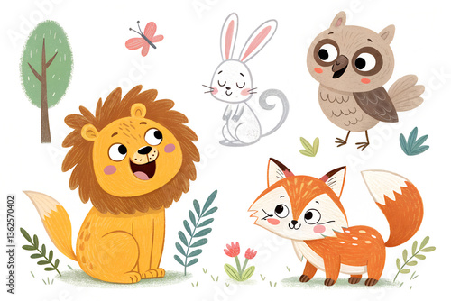 A collection of colorful, hand-drawn cartoon animals in a playful, child-friendly style. The set includes a smiling lion, a fluffy bunny, a cheerful fox, and a curious owl. Perfect for children’s book
