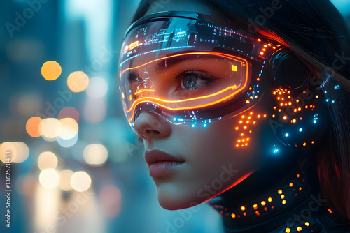 Futuristic woman with augmented reality glasses stares ahead, cityscape bokeh
