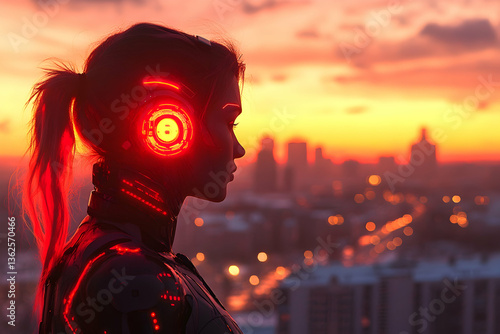 Futuristic woman with glowing headphones against a sunset city skyline
