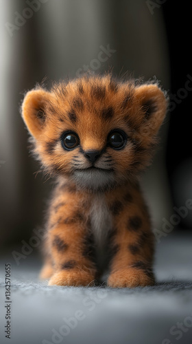 Fuzzy creature with big eyes, brown spots, & round ears sits against a soft blurred background