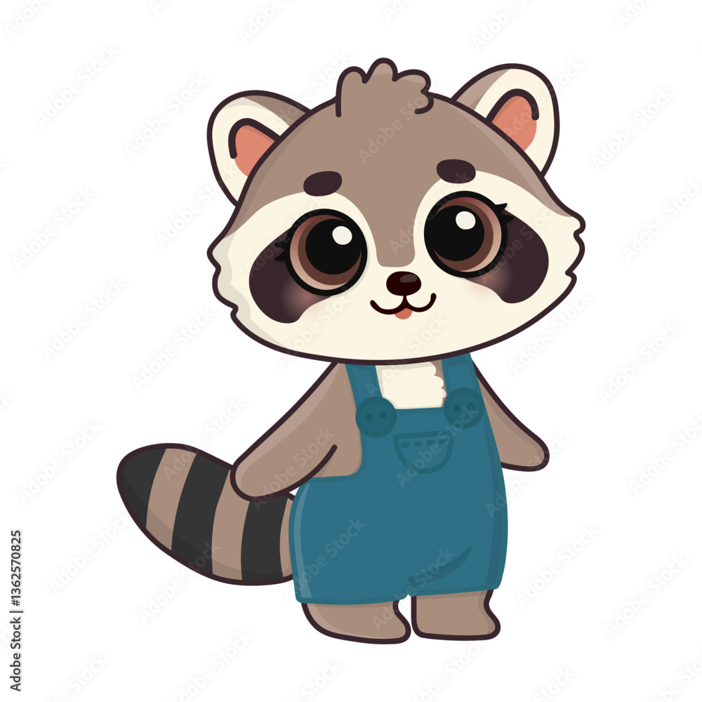 Obraz premium Cute happy raccoon. Cartoon character for greeting card, invitation, stickers. Vector illustration. Isolated on white background