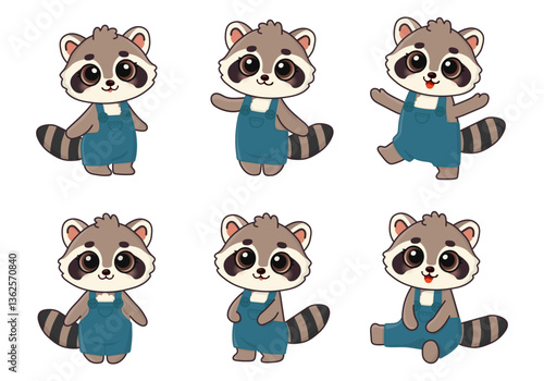 Set of cute character raccoon in different poses in clothes. Drawn in cartoon style. Isolated on white background