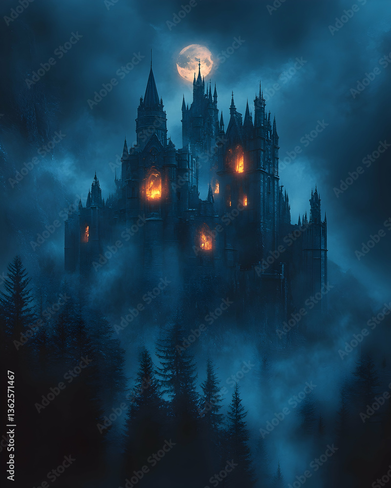 Fototapeta premium Gothic castle obscured by fog beneath a full moon, looming above dark trees