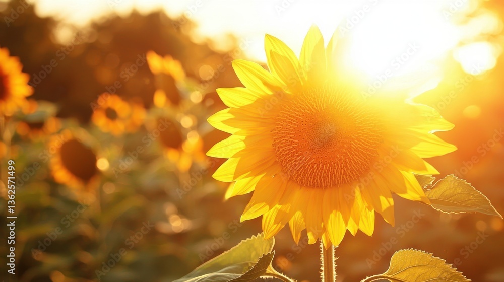 Fototapeta premium A close-up of a sunflower radiating warmth as the sunset paints the sky in golden hues.