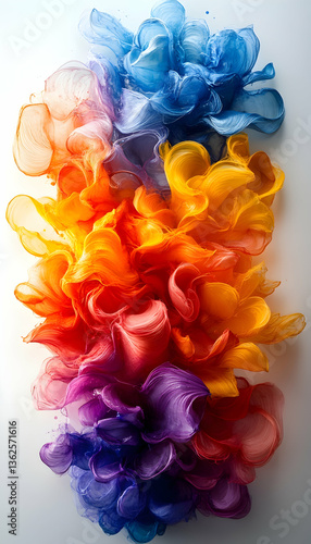 Gradient cascade of vibrant, colorful ink swirls against a crisp, white background