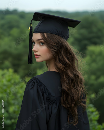 Graduate portrait Young woman in cap and gown, lush green background
