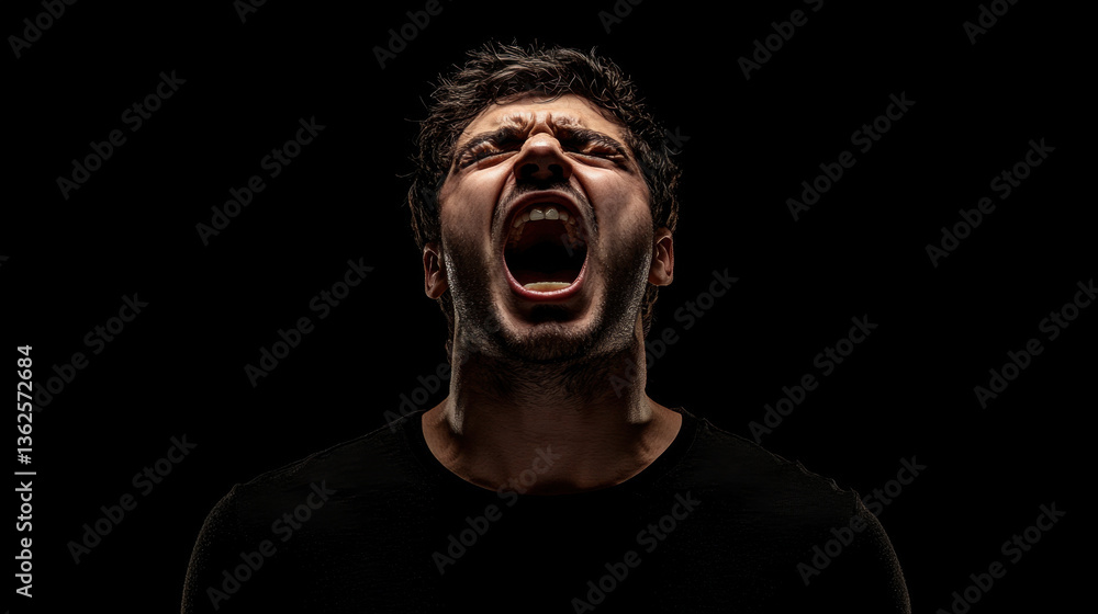 A man in a dark setting screams with fierce anger, showcasing a raw emotional response. His expression conveys frustration and intensity A man in a dark setting screams with fierce anger, showcasing a raw emotional response. His expression conveys frustration and intensity