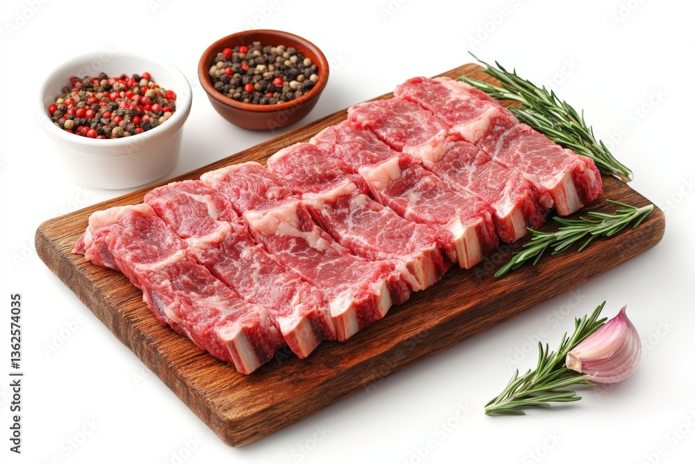 Fototapeta premium Fresh cuts of meat displayed on a wooden cutting board with peppercorns and rosemary on a white background