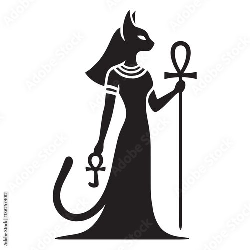 Celestial Bastet silhouette, radiating divine energy - Bastet illustration - Bastet vector - Egyptian goddess silhouette - Egyptian silhouette

