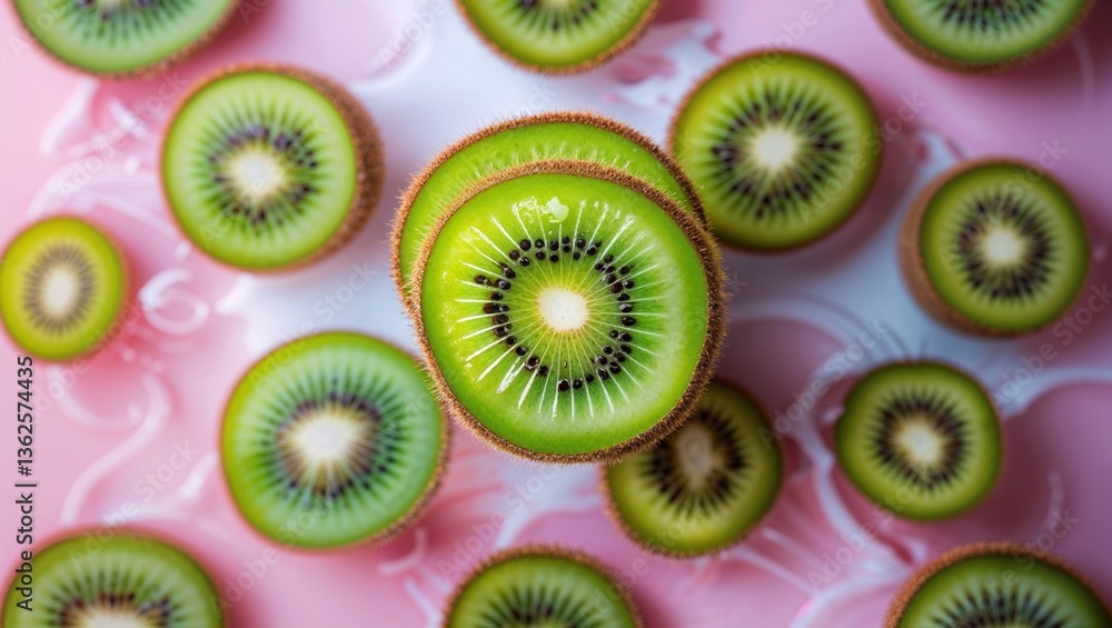 Fototapeta premium Colorful kiwi slices arranged on a pink background create a vibrant and fresh display perfect for summer desserts and healthy snacks
