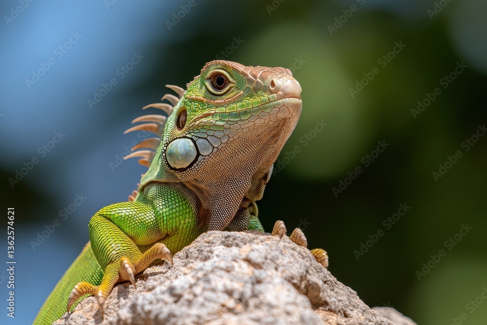 Fototapeta premium A stunning close-up of a vibrant green iguana perched majestically on a rock, showcasing intricate details and vivid colors, capturing the beauty of nature's creatures in their habitat.