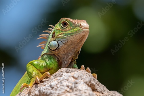 Wallpaper Mural A stunning close-up of a vibrant green iguana perched majestically on a rock, showcasing intricate details and vivid colors, capturing the beauty of nature's creatures in their habitat. Torontodigital.ca