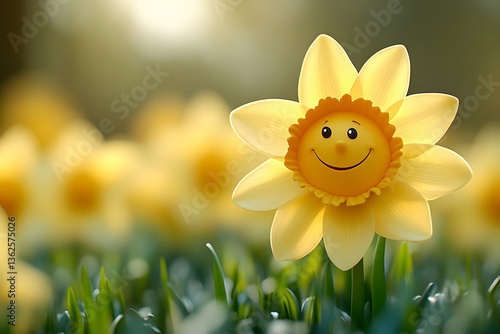 Happy daffodil with a smiling face Sunny meadow background
