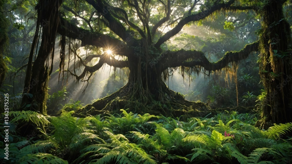 Fototapeta premium A majestic tree in a lush forest, illuminated by soft sunlight filtering through the leaves.