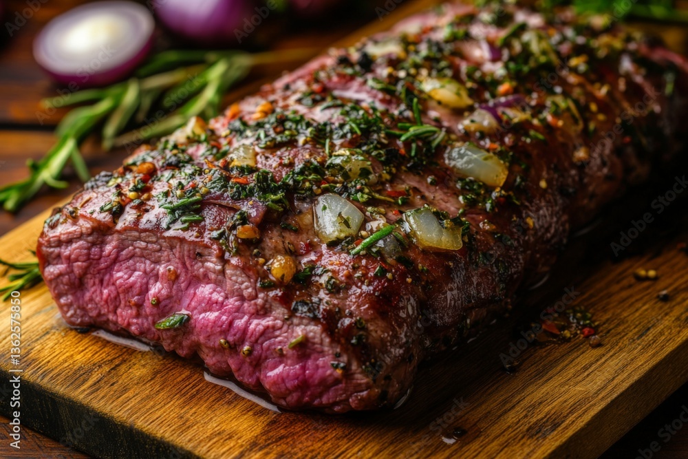 Juicy grilled beef roast garnished with herbs and onions on a wooden cutting board ready for serving Juicy grilled beef roast garnished with herbs and onions on a wooden cutting board ready for serving