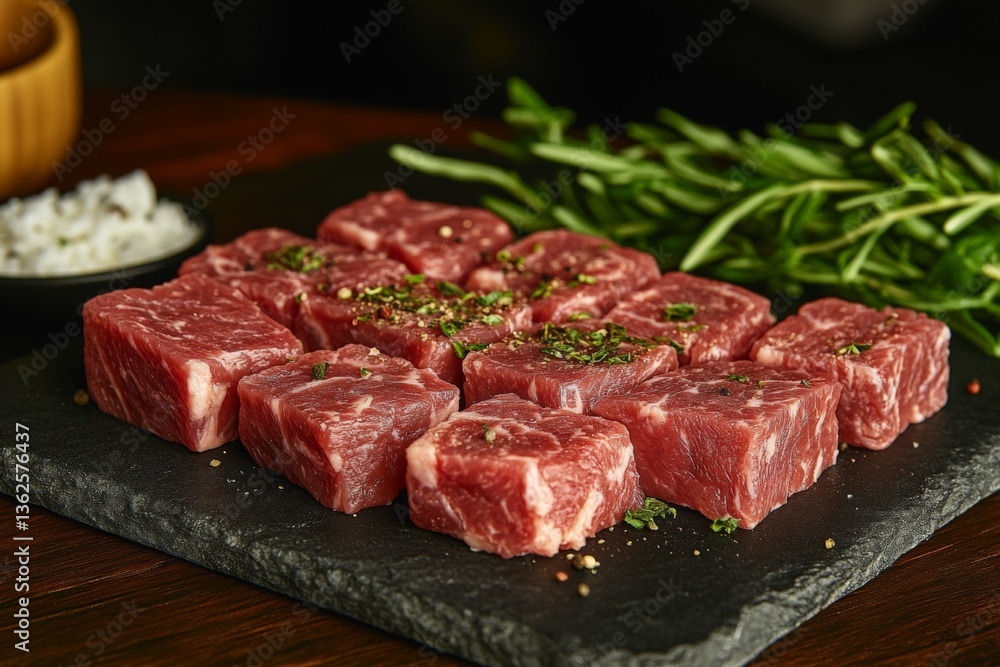 Freshly cut raw beef cubes garnished with herbs on a dark stone platter ready for cooking Freshly cut raw beef cubes garnished with herbs on a dark stone platter ready for cooking