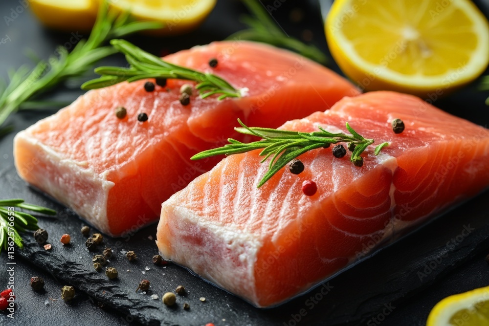 Fresh salmon fillets garnished with herbs and lemon slices on a dark slate surface Fresh salmon fillets garnished with herbs and lemon slices on a dark slate surface