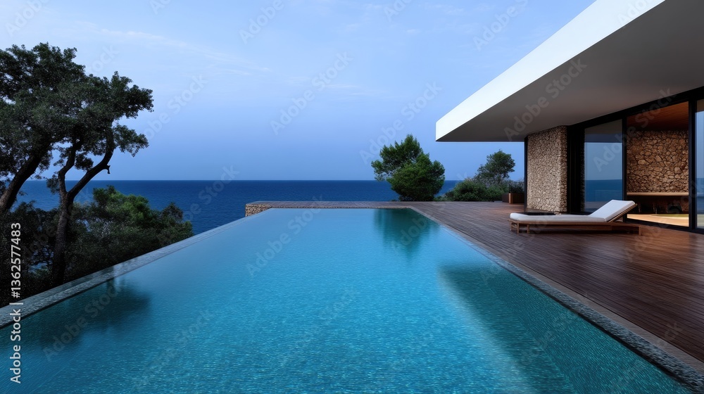 Fototapeta premium Luxury cliffside infinity pool overlooking the sea. Wooden deck, modern architecture, and lush greenery