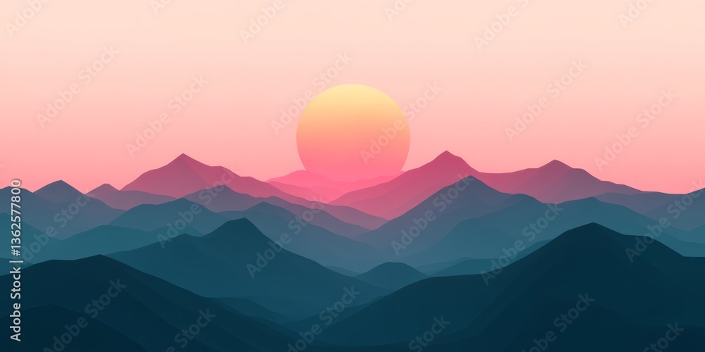 Fototapeta premium Sunset over rolling mountains creates a serene landscape with warm hues and soft shadows in the evening sky
