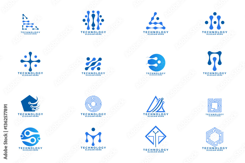 Fototapeta premium Set of Abstract tech logo design vector. Technology logo design template collections