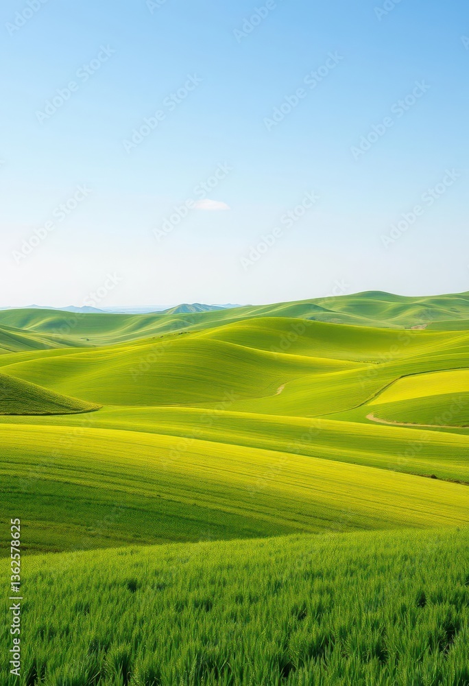 Fototapeta premium Vast, undulating green prairie under a clear sky , quiet, farmland, green