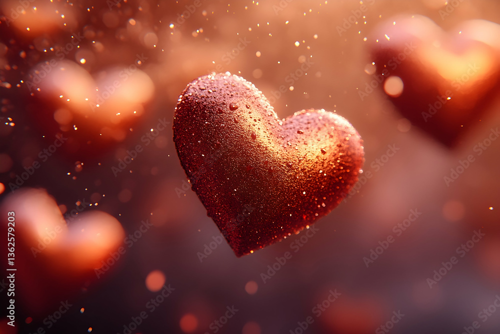 Fototapeta premium Heart-shaped ornaments with sparkles suspended midair in a soft, warm-toned environment