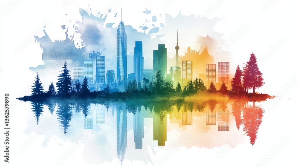 Obraz premium Watercolor cityscape reflection urban landscape art illustration modern environment panoramic view conceptual aesthetics
