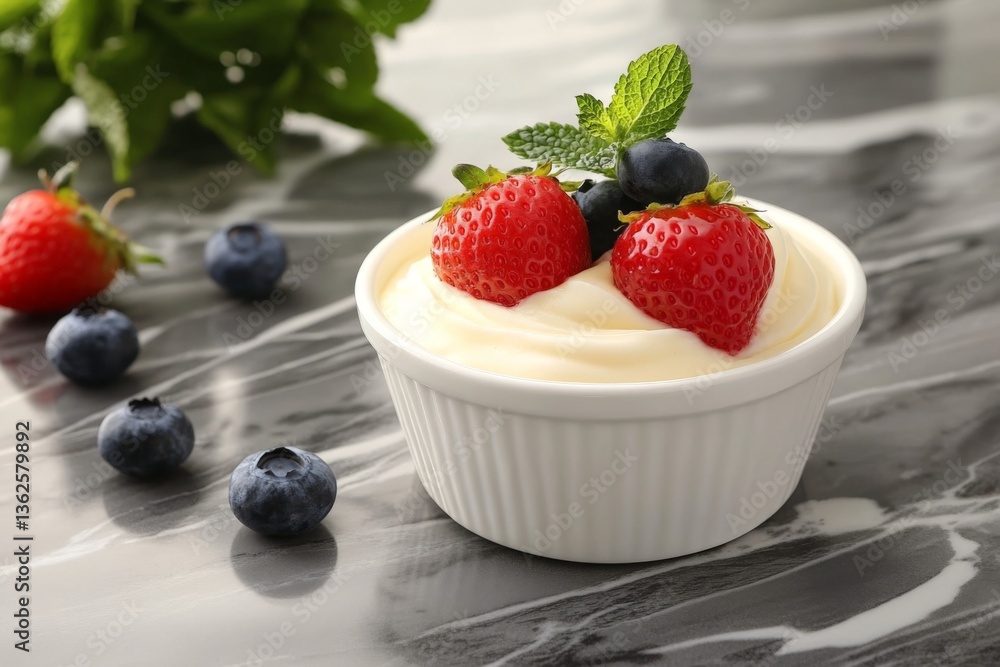 Fresh fruits and creamy dessert prepared on a marble surface in a kitchen setting with vibrant colors Fresh fruits and creamy dessert prepared on a marble surface in a kitchen setting with vibrant colors