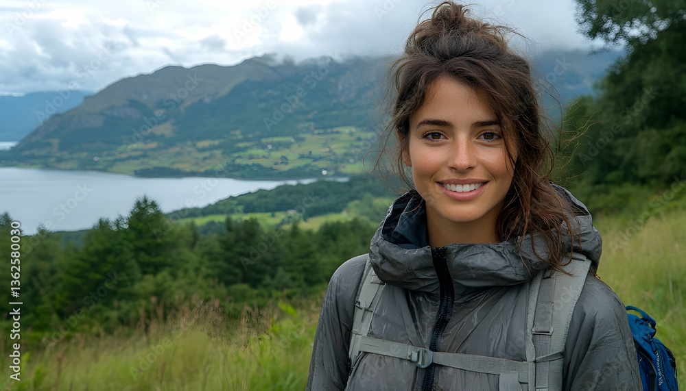 Naklejka premium Hiker portrait Mountains, lake, greenery surround a smiling traveler with a backpack