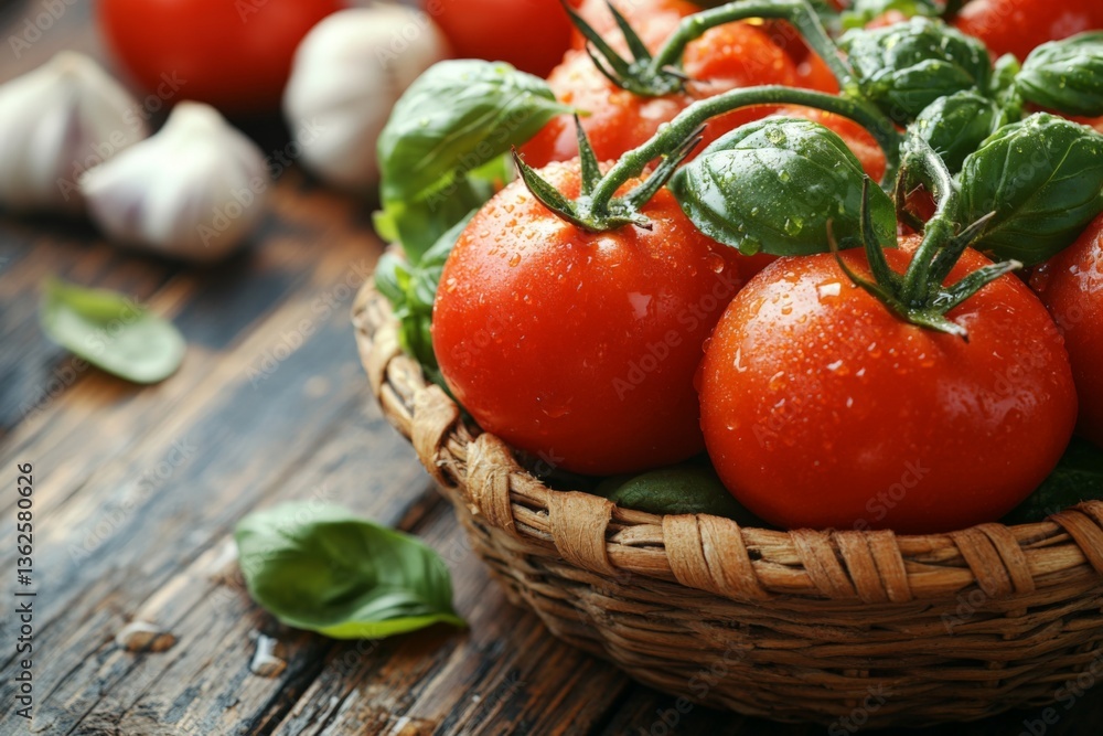 Freshly harvested tomatoes and basil in a wicker basket on a rustic wooden surface Freshly harvested tomatoes and basil in a wicker basket on a rustic wooden surface