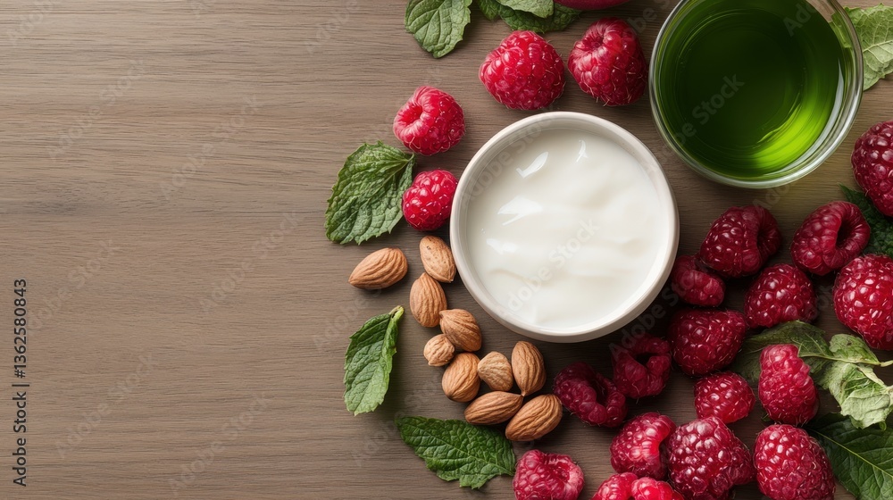 An appetizing bowl of yogurt is surrounded by vibrant raspberries, nuts, and olive oil, representing a healthy lifestyle filled with natural ingredients and an appealing aesthetic for wellness. An appetizing bowl of yogurt is surrounded by vibrant raspberries, nuts, and olive oil, representing a healthy lifestyle filled with natural ingredients and an appealing aesthetic for wellness.