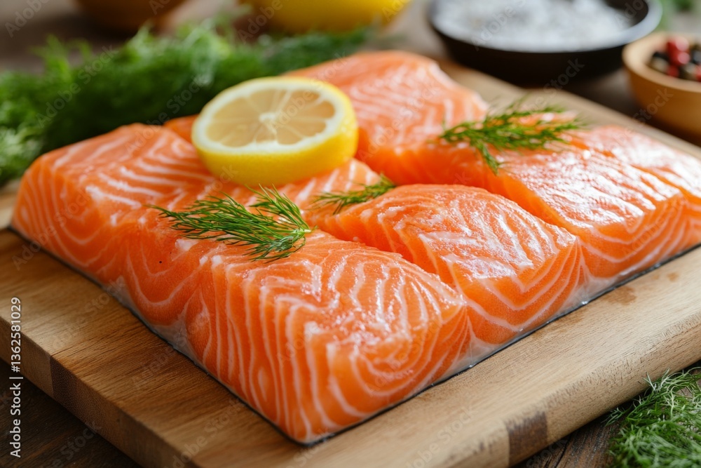 Fresh salmon fillets presented with lemon and herbs on a wooden cutting board in a rustic kitchen setting Fresh salmon fillets presented with lemon and herbs on a wooden cutting board in a rustic kitchen setting