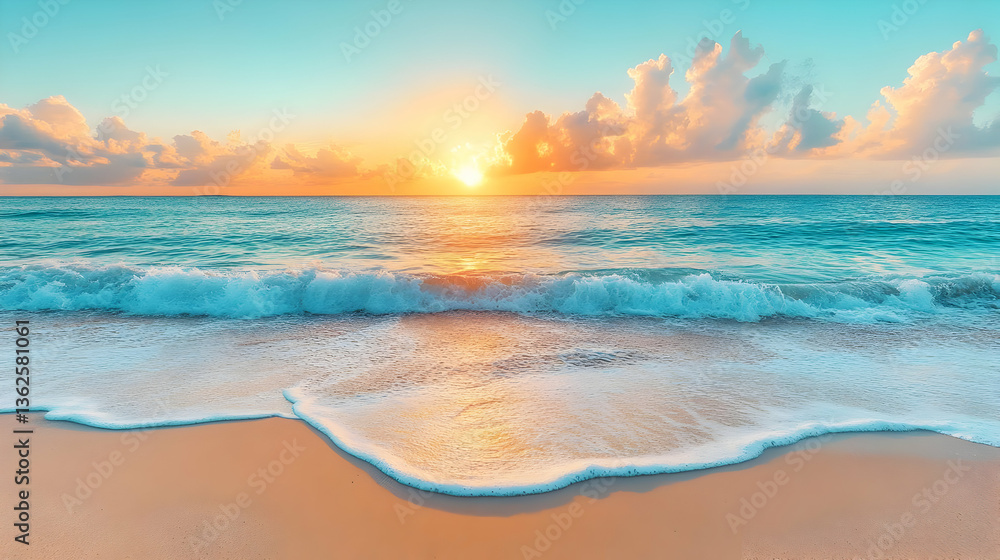Golden Sunrise Over Calm Turquoise Ocean with Gentle Waves Lapping on Sandy Beach Under a Pastel Sky with Clouds in a Tropical Seascape Golden Sunrise Over Calm Turquoise Ocean with Gentle Waves Lapping on Sandy Beach Under a Pastel Sky with Clouds in a Tropical Seascape