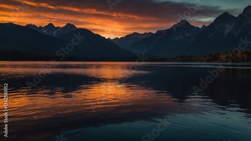 Wallpaper Mural A serene sunset over a lake, reflecting mountains and vibrant skies. Torontodigital.ca