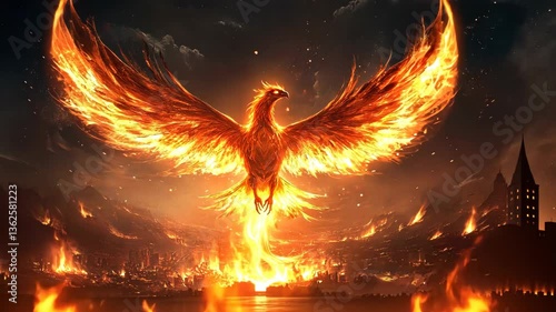 Majestic phoenix rising from flames above a scorched landscape during twilight hours
