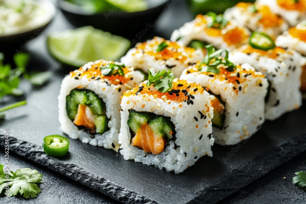 Delicious sushi rolls with salmon, cucumber, and garnishes served on a slate platter in a bright kitchen setting Delicious sushi rolls with salmon, cucumber, and garnishes served on a slate platter in a bright kitchen setting