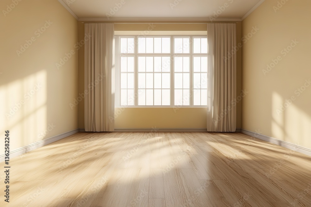 Fototapeta premium Bright Room Interior with Large Window, White Curtains and Wood Flooring & Light Wall