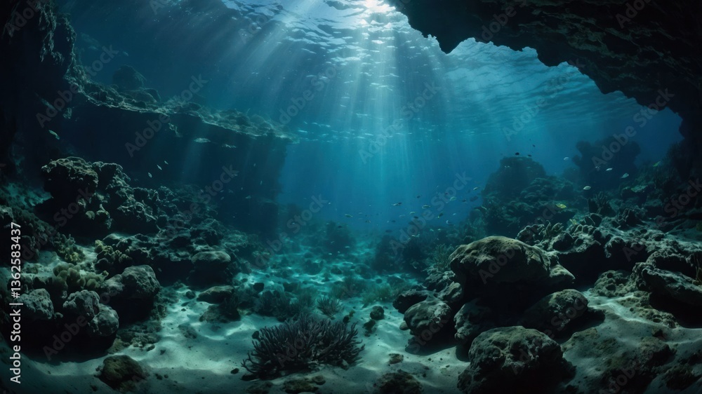 Fototapeta premium Underwater scene showcasing coral formations and sunlight filtering through the water.