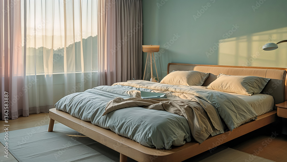 Obraz premium Bright and Restful Bedroom with Neatly Arranged Bedding, Wooden Nightstand, and Floor Lamp for an Aesthetic Touch