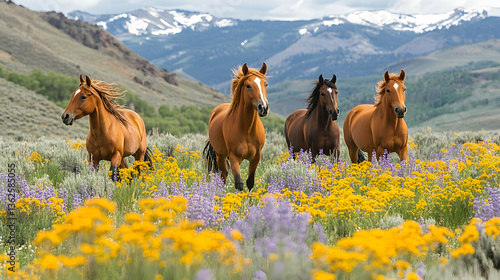 Horses running freely in a wildflower field with mountains in the background under a partly cloudy sky