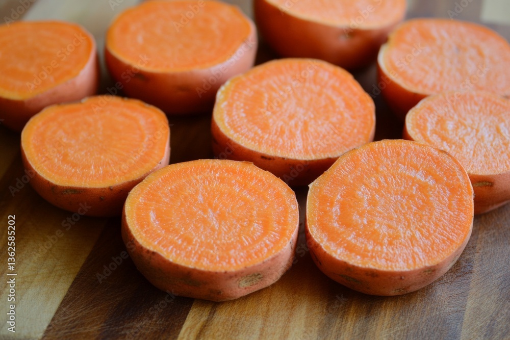 Sweet potato slices arranged on a wooden cutting board during meal prep in a home kitchen Sweet potato slices arranged on a wooden cutting board during meal prep in a home kitchen