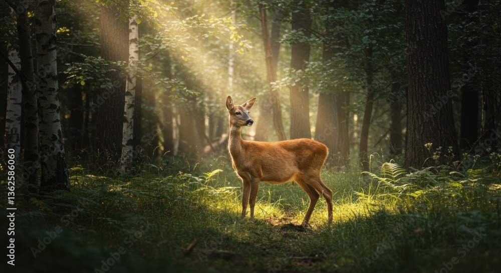 Fototapeta premium Majestic deer illuminated by sunlight in a forest 