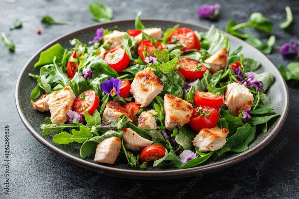 Fresh grilled chicken salad with cherry tomatoes, greens, and edible flowers served on a dark plate at a modern dining setting Fresh grilled chicken salad with cherry tomatoes, greens, and edible flowers served on a dark plate at a modern dining setting