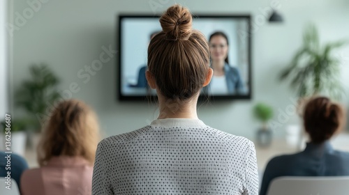 HR employee onboarding concept. Woman in a meeting, watching presentation on screen.