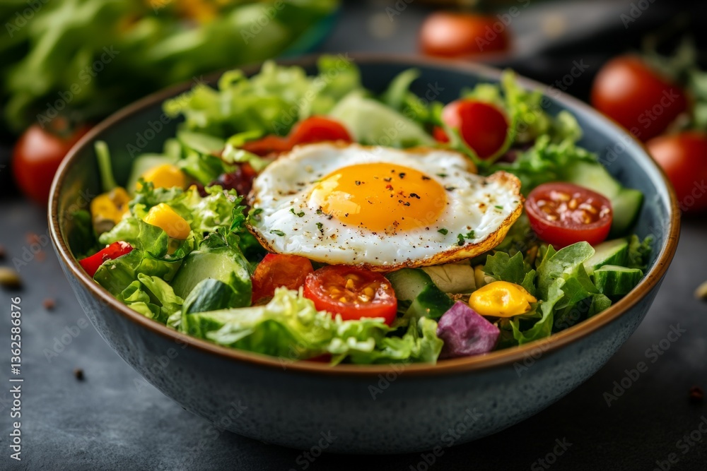 Fresh salad with sunny-side-up egg served in a bowl, highlighting vibrant colors and textures Fresh salad with sunny-side-up egg served in a bowl, highlighting vibrant colors and textures