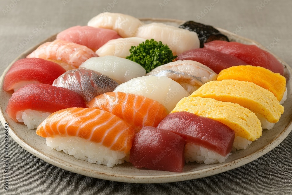 Scrumptious sushi platter featuring a variety of fresh fish and colorful toppings served at a dining table Scrumptious sushi platter featuring a variety of fresh fish and colorful toppings served at a dining table